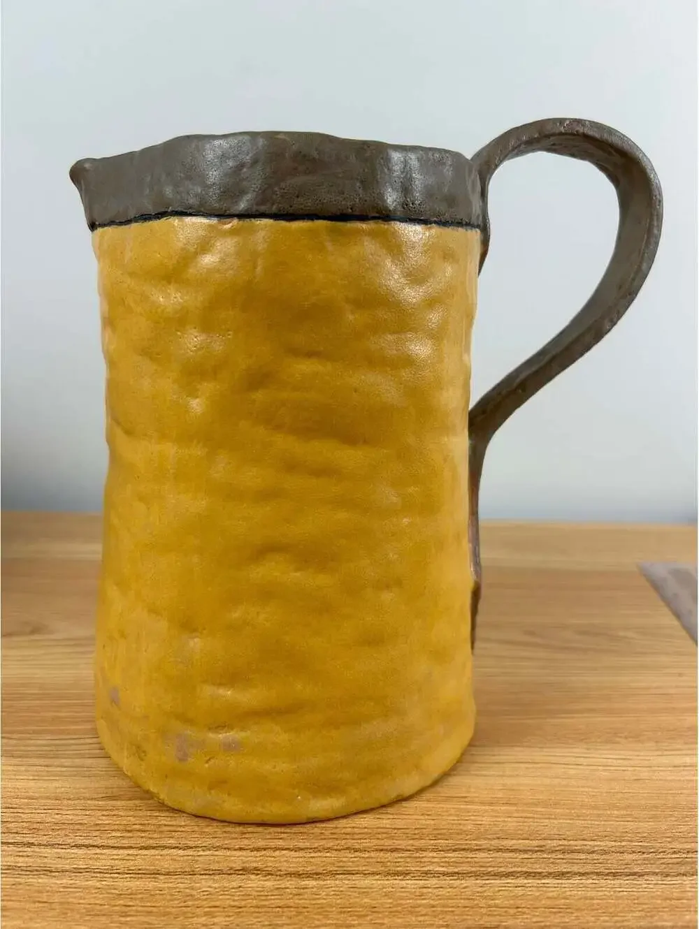 SEG Style Early 1900s Student Pottery Yellow Brown Glazed Handled Pitcher